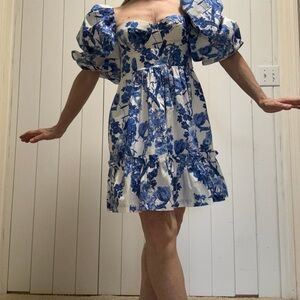 Blue and White Smocked Puff Sleeve Mini Dress